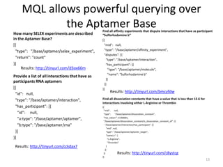 MQL allows powerful querying over
             the Aptamer Base                     Find all affinity experiments that dispute interactions that have as participant
How many SELEX experiments are described          “Sulforhodamine b”
in the Aptamer Base?                              [{
[{                                                 "mid": null,
 "type": "/base/aptamer/selex_experiment",         "type": "/base/aptamer/affinity_experiment",
                                                   "disputes": [{
 "return": "count"                                    "type": "/base/aptamer/interaction",
}]​                                                   "has_participant": [{
     Results: http://tinyurl.com/d3ox66m               "type": "/base/aptamer/molecule",
                                                       "name": "Sulforhodamine b"
Provide a list of all interactions that have as
                                                      }]
participants RNA aptamers
                                                   }]
[{                                                }]​
                                                         Results: http://tinyurl.com/bmcyfdw
 "id": null,
 "type": "/base/aptamer/interaction",             Find all dissociation constants that have a value that is less than 1E-6 for
                                                  interactions involving either L-Arginine or Thrombin
 "has_participant": [{                            [{
                                                   "mid":       null,
    "id": null,                                    "type":       "/base/aptamer/dissociation_constant",
                                                   "has_value<": 0.000001,
    "a:type": "/base/aptamer/aptamer",             "/base/aptamer/dissociation_constant/is_dissociation_constant_of": [{
    "b:type": "/base/aptamer/rna"                     "/base/aptamer/interaction/has_participant": [{
                                                       "mid": null,
 }]                                                    "type": "/base/aptamer/aptamer_target",
                                                       "name|=": [
}]​                                                      "L-Arginine",
                                                         "Thrombin"
 Results: http://tinyurl.com/cckdax7                   ]
                                                      }]
                                                   }]          Results: http://tinyurl.com/c8ystcg
                                                  }]​
                                                                                                                                 13
 