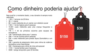 Seja qual for o montante doado, o seu donativo é sempre muito
valorizado
• 1,5€ = 1 jerrycan de 20 litros
• 3€ = 1 manta
• 6€ = custo médio/dia de um utente num refeitório social
• 7,5€ = 1 kit de higiene para 6 pessoas
• 10,5€= custo médio/dia para uma criança frequentar a
creche
• 11€ = 1 kit de primeiros socorros para equipas de
emergência
• 12€ = alimentação diária para 1 pessoa
• 20€ = 1 kit de cozinha para 6 pessoas
• 22€ = custo médio/dia para prestar Apoio Domiciliário a um
idoso
• 35€ = garantia de alojamento diário para vítima de violência
doméstica numa Casa Abrigo
• 55€ = fisioterapia para vítima de mina anti-pessoal
• 111€ = 1 tenda familiar para 5 pessoas
• 500€ = abrigo temporário para 40 famílias
Como dinheiro poderia ajudar?
$30
$150
 