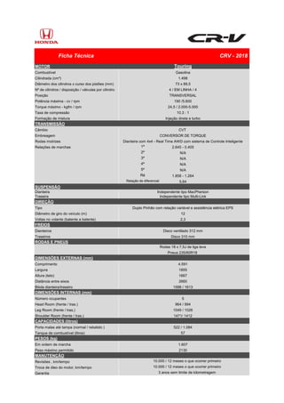 MOTOR Touring
Combustível Gasolina
Cilindrada (cm³) 1.498
Diâmetro dos cilindros x curso dos pistões (mm) 73 x 89,5
Nº de ...