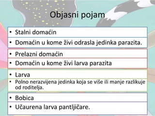 Objasni pojam
• Stalni domaćin
• Prelazni domaćin
• Larva
• Domaćin u kome živi odrasla jedinka parazita.
• Domaćin u kome živi larva parazita
• Polno nerazvijena jedinka koja se više ili manje razlikuje
od roditelja.
• Bobica
• Učaurena larva pantljičare.
 