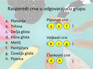Rasporedi crva u odgovarajuću grupu
a. Planarija
b. Trihina
c. Dečja glista
d. Kišna glista
e. Metilj
f. Pantljičara
g. Čovečja glista
h. Pijavica
Pljosnati crvi
( )
Valjkasti crvi
( )
Člankoviti crvi
( )
a
b c
d
e f
g
h
 