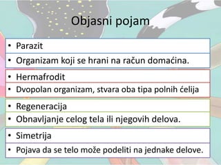 Objasni pojam
• Parazit
• Hermafrodit
• Regeneracija
• Simetrija
• Organizam koji se hrani na račun domaćina.
• Dvopolan organizam, stvara oba tipa polnih ćelija
• Obnavljanje celog tela ili njegovih delova.
• Pojava da se telo može podeliti na jednake delove.
 