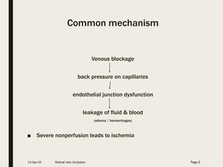 Common mechanism
Venous blockage
back pressure on capillaries
endothelial junction dysfunction
leakage of fluid & blood
(edema / hemorrhages)
■ Severe nonperfusion leads to ischemia
13-Jan-24 Retinal Vein Occlusion Page 2
 