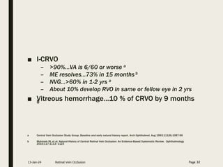 ■ I-CRVO
– >90%...VA is 6/60 or worse a
– ME resolves…73% in 15 months b
– NVG…>60% in 1-2 yrs a
– About 10% develop RVO in same or fellow eye in 2 yrs
■ Vitreous hemorrhage…10 % of CRVO by 9 months
b
a Central Vein Occlusion Study Group. Baseline and early natural history report. Arch Ophthalmol. Aug 1993;111(8):1087-95
b McIntosh RL et al. Natural History of Central Retinal Vein Occlusion: An Evidence-Based Systematic Review. Ophthalmology
2010;117:1113–1123
13-Jan-24 Retinal Vein Occlusion Page 32
 