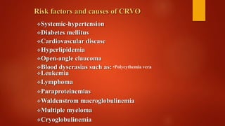 Risk factors and causes of CRVO
Systemic-hypertension
Diabetes mellitus
Cardiovascular disease
Hyperlipidemia
Open-angle claucoma
Blood dyscrasias such as:
Leukemia
Lymphoma
Paraproteinemias
Waldenstrom macroglobulinemia
Multiple myeloma
Cryoglobulinemia
•Polycythemia vera
 