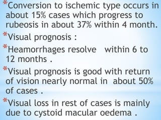 *Conversion to ischemic type occurs in
about 15% cases which progress to
rubeosis in about 37% within 4 month.
*Visual prognosis :
*Heamorrhages resolve within 6 to
12 months .
*Visual prognosis is good with return
of vision nearly normal in about 50%
of cases .
*Visual loss in rest of cases is mainly
due to cystoid macular oedema .
 