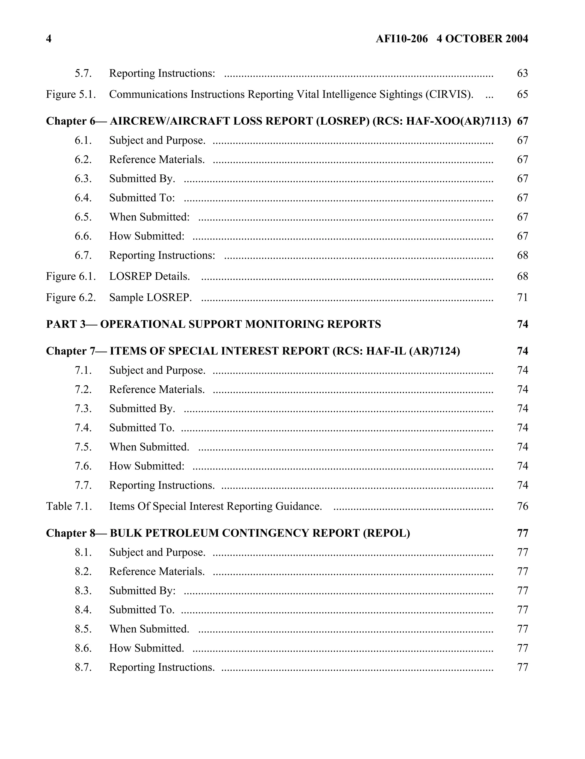 4 AFI10-206 4 OCTOBER 2004 
5.7. Reporting Instructions: .............................................................................................. 63 
Figure 5.1. Communications Instructions Reporting Vital Intelligence Sightings (CIRVIS). ... 65 
Chapter 6— AIRCREW/AIRCRAFT LOSS REPORT (LOSREP) (RCS: HAF-XOO(AR)7113) 67 
6.1. Subject and Purpose. .................................................................................................. 67 
6.2. Reference Materials. .................................................................................................. 67 
6.3. Submitted By. ............................................................................................................ 67 
6.4. Submitted To: ............................................................................................................ 67 
6.5. When Submitted: ....................................................................................................... 67 
6.6. How Submitted: ......................................................................................................... 67 
6.7. Reporting Instructions: .............................................................................................. 68 
Figure 6.1. LOSREP Details. ...................................................................................................... 68 
Figure 6.2. Sample LOSREP. ...................................................................................................... 71 
PART 3— OPERATIONAL SUPPORT MONITORING REPORTS 74 
Chapter 7— ITEMS OF SPECIAL INTEREST REPORT (RCS: HAF-IL (AR)7124) 74 
7.1. Subject and Purpose. .................................................................................................. 74 
7.2. Reference Materials. .................................................................................................. 74 
7.3. Submitted By. ............................................................................................................ 74 
7.4. Submitted To. ............................................................................................................. 74 
7.5. When Submitted. ....................................................................................................... 74 
7.6. How Submitted: ......................................................................................................... 74 
7.7. Reporting Instructions. ............................................................................................... 74 
Table 7.1. Items Of Special Interest Reporting Guidance. ........................................................ 76 
Chapter 8— BULK PETROLEUM CONTINGENCY REPORT (REPOL) 77 
8.1. Subject and Purpose. .................................................................................................. 77 
8.2. Reference Materials. .................................................................................................. 77 
8.3. Submitted By: ............................................................................................................ 77 
8.4. Submitted To. ............................................................................................................. 77 
8.5. When Submitted. ....................................................................................................... 77 
8.6. How Submitted. ......................................................................................................... 77 
8.7. Reporting Instructions. ............................................................................................... 77 
 