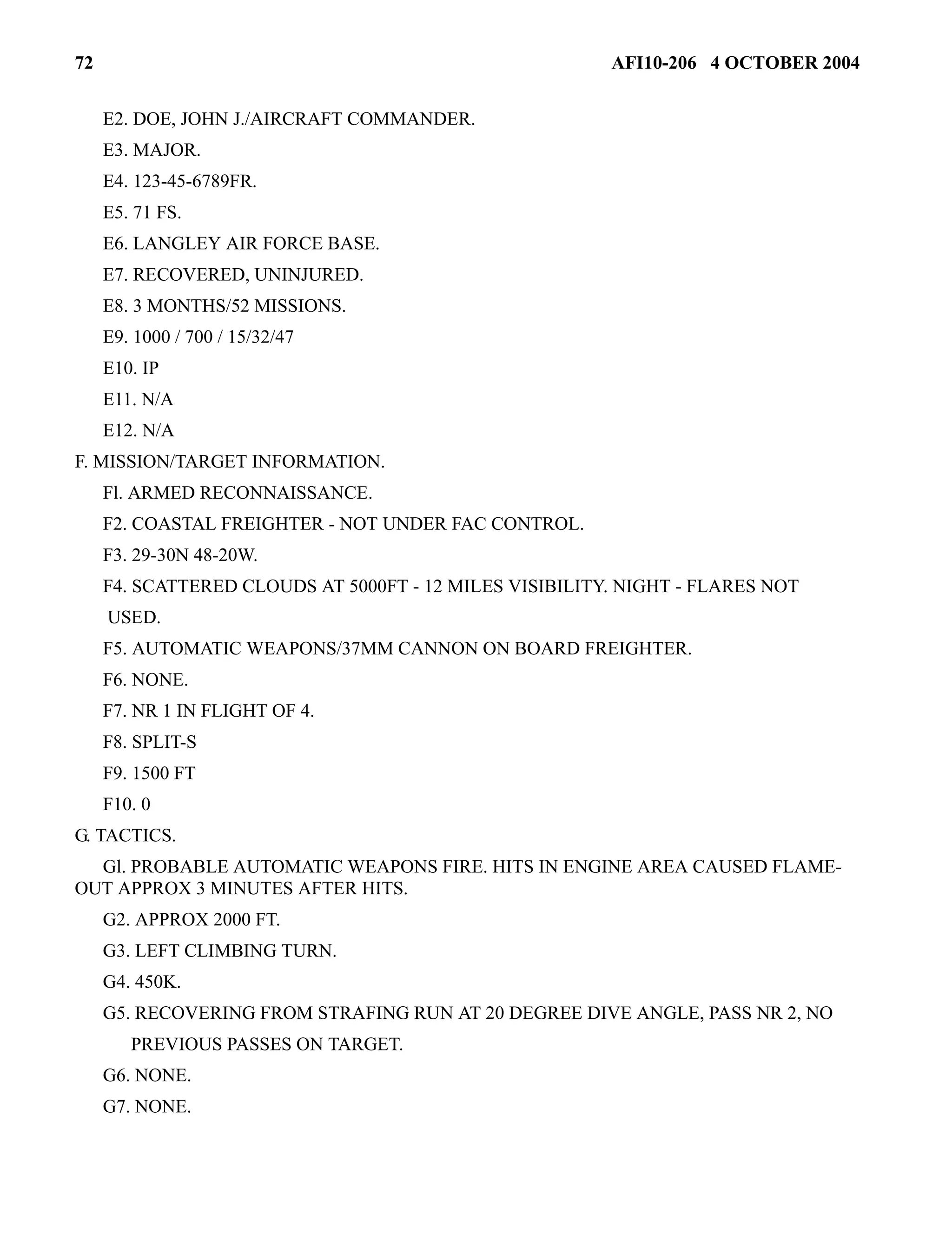 72 AFI10-206 4 OCTOBER 2004 
E2. DOE, JOHN J./AIRCRAFT COMMANDER. 
E3. MAJOR. 
E4. 123-45-6789FR. 
E5. 71 FS. 
E6. LANGLEY AIR FORCE BASE. 
E7. RECOVERED, UNINJURED. 
E8. 3 MONTHS/52 MISSIONS. 
E9. 1000 / 700 / 15/32/47 
E10. IP 
E11. N/A 
E12. N/A 
F. MISSION/TARGET INFORMATION. 
Fl. ARMED RECONNAISSANCE. 
F2. COASTAL FREIGHTER - NOT UNDER FAC CONTROL. 
F3. 29-30N 48-20W. 
F4. SCATTERED CLOUDS AT 5000FT - 12 MILES VISIBILITY. NIGHT - FLARES NOT 
USED. 
F5. AUTOMATIC WEAPONS/37MM CANNON ON BOARD FREIGHTER. 
F6. NONE. 
F7. NR 1 IN FLIGHT OF 4. 
F8. SPLIT-S 
F9. 1500 FT 
F10. 0 
G. TACTICS. 
Gl. PROBABLE AUTOMATIC WEAPONS FIRE. HITS IN ENGINE AREA CAUSED FLAME-OUT 
APPROX 3 MINUTES AFTER HITS. 
G2. APPROX 2000 FT. 
G3. LEFT CLIMBING TURN. 
G4. 450K. 
G5. RECOVERING FROM STRAFING RUN AT 20 DEGREE DIVE ANGLE, PASS NR 2, NO 
PREVIOUS PASSES ON TARGET. 
G6. NONE. 
G7. NONE. 
 
