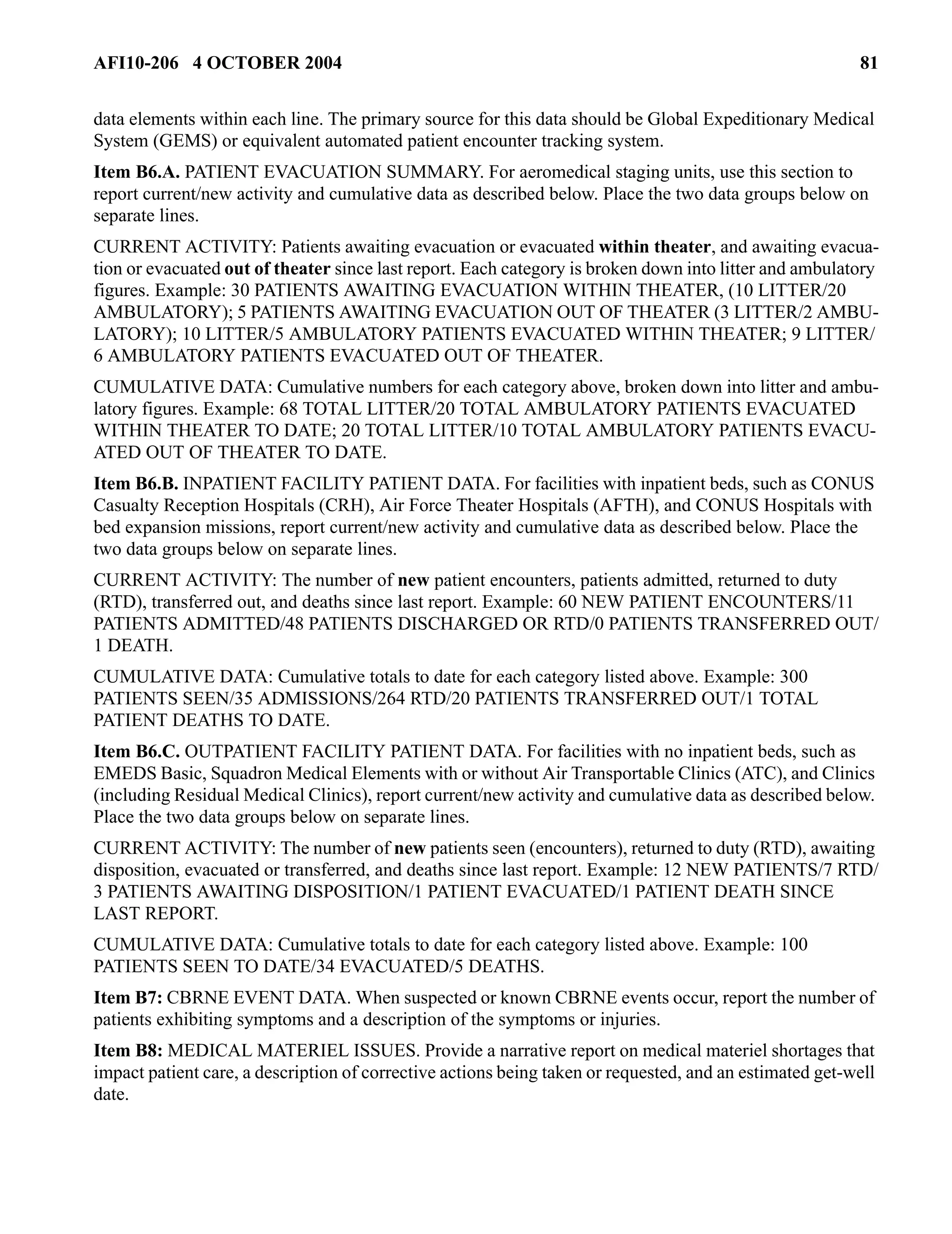 AFI10-206 4 OCTOBER 2004 81 
data elements within each line. The primary source for this data should be Global Expeditionary Medical 
System (GEMS) or equivalent automated patient encounter tracking system. 
Item B6.A. PATIENT EVACUATION SUMMARY. For aeromedical staging units, use this section to 
report current/new activity and cumulative data as described below. Place the two data groups below on 
separate lines. 
CURRENT ACTIVITY: Patients awaiting evacuation or evacuated within theater, and awaiting evacua-tion 
or evacuated out of theater since last report. Each category is broken down into litter and ambulatory 
figures. Example: 30 PATIENTS AWAITING EVACUATION WITHIN THEATER, (10 LITTER/20 
AMBULATORY); 5 PATIENTS AWAITING EVACUATION OUT OF THEATER (3 LITTER/2 AMBU-LATORY); 
10 LITTER/5 AMBULATORY PATIENTS EVACUATED WITHIN THEATER; 9 LITTER/ 
6 AMBULATORY PATIENTS EVACUATED OUT OF THEATER. 
CUMULATIVE DATA: Cumulative numbers for each category above, broken down into litter and ambu-latory 
figures. Example: 68 TOTAL LITTER/20 TOTAL AMBULATORY PATIENTS EVACUATED 
WITHIN THEATER TO DATE; 20 TOTAL LITTER/10 TOTAL AMBULATORY PATIENTS EVACU-ATED 
OUT OF THEATER TO DATE. 
Item B6.B. INPATIENT FACILITY PATIENT DATA. For facilities with inpatient beds, such as CONUS 
Casualty Reception Hospitals (CRH), Air Force Theater Hospitals (AFTH), and CONUS Hospitals with 
bed expansion missions, report current/new activity and cumulative data as described below. Place the 
two data groups below on separate lines. 
CURRENT ACTIVITY: The number of new patient encounters, patients admitted, returned to duty 
(RTD), transferred out, and deaths since last report. Example: 60 NEW PATIENT ENCOUNTERS/11 
PATIENTS ADMITTED/48 PATIENTS DISCHARGED OR RTD/0 PATIENTS TRANSFERRED OUT/ 
1 DEATH. 
CUMULATIVE DATA: Cumulative totals to date for each category listed above. Example: 300 
PATIENTS SEEN/35 ADMISSIONS/264 RTD/20 PATIENTS TRANSFERRED OUT/1 TOTAL 
PATIENT DEATHS TO DATE. 
Item B6.C. OUTPATIENT FACILITY PATIENT DATA. For facilities with no inpatient beds, such as 
EMEDS Basic, Squadron Medical Elements with or without Air Transportable Clinics (ATC), and Clinics 
(including Residual Medical Clinics), report current/new activity and cumulative data as described below. 
Place the two data groups below on separate lines. 
CURRENT ACTIVITY: The number of new patients seen (encounters), returned to duty (RTD), awaiting 
disposition, evacuated or transferred, and deaths since last report. Example: 12 NEW PATIENTS/7 RTD/ 
3 PATIENTS AWAITING DISPOSITION/1 PATIENT EVACUATED/1 PATIENT DEATH SINCE 
LAST REPORT. 
CUMULATIVE DATA: Cumulative totals to date for each category listed above. Example: 100 
PATIENTS SEEN TO DATE/34 EVACUATED/5 DEATHS. 
Item B7: CBRNE EVENT DATA. When suspected or known CBRNE events occur, report the number of 
patients exhibiting symptoms and a description of the symptoms or injuries. 
Item B8: MEDICAL MATERIEL ISSUES. Provide a narrative report on medical materiel shortages that 
impact patient care, a description of corrective actions being taken or requested, and an estimated get-well 
date. 
 