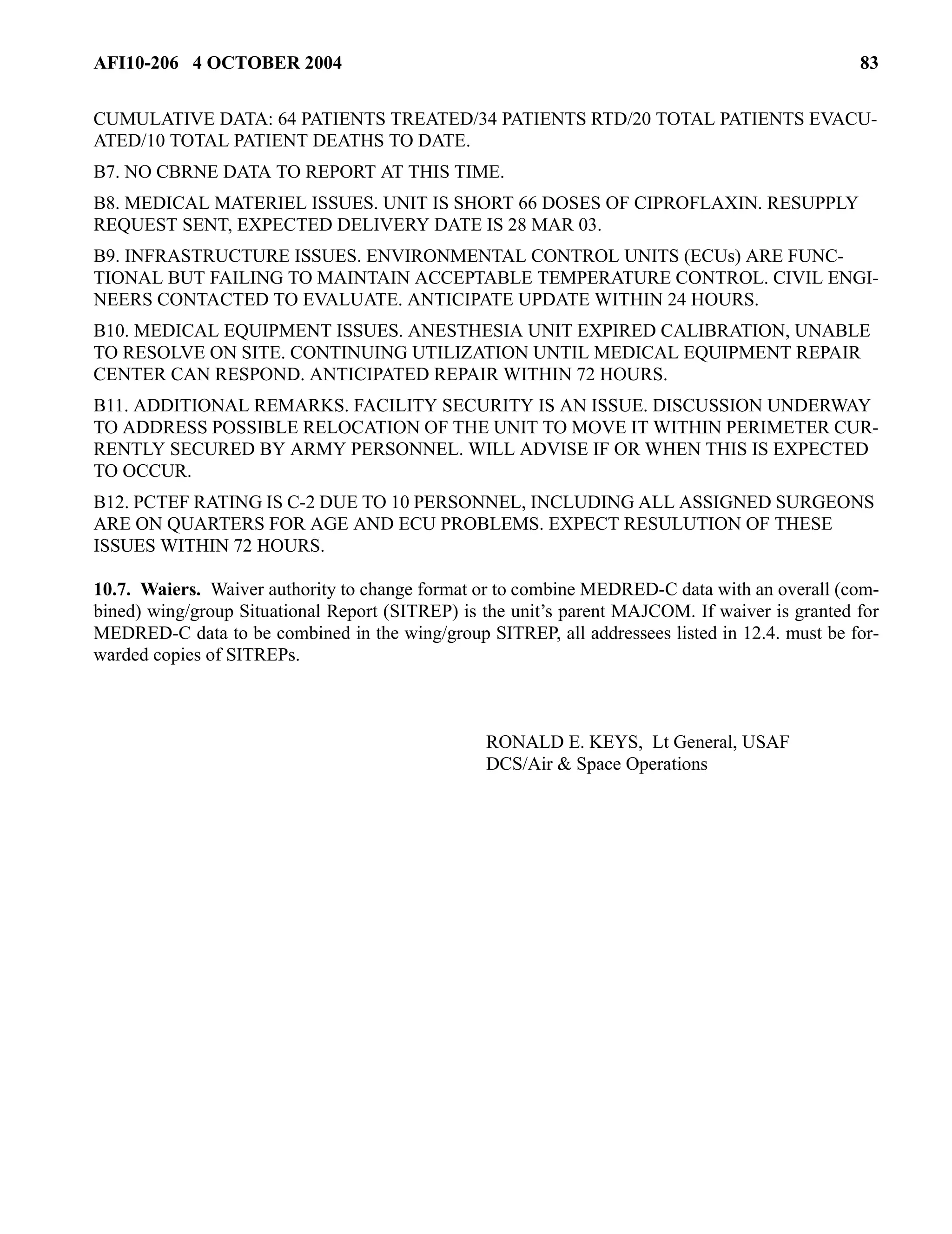 AFI10-206 4 OCTOBER 2004 83 
CUMULATIVE DATA: 64 PATIENTS TREATED/34 PATIENTS RTD/20 TOTAL PATIENTS EVACU-ATED/ 
10 TOTAL PATIENT DEATHS TO DATE. 
B7. NO CBRNE DATA TO REPORT AT THIS TIME. 
B8. MEDICAL MATERIEL ISSUES. UNIT IS SHORT 66 DOSES OF CIPROFLAXIN. RESUPPLY 
REQUEST SENT, EXPECTED DELIVERY DATE IS 28 MAR 03. 
B9. INFRASTRUCTURE ISSUES. ENVIRONMENTAL CONTROL UNITS (ECUs) ARE FUNC-TIONAL 
BUT FAILING TO MAINTAIN ACCEPTABLE TEMPERATURE CONTROL. CIVIL ENGI-NEERS 
CONTACTED TO EVALUATE. ANTICIPATE UPDATE WITHIN 24 HOURS. 
B10. MEDICAL EQUIPMENT ISSUES. ANESTHESIA UNIT EXPIRED CALIBRATION, UNABLE 
TO RESOLVE ON SITE. CONTINUING UTILIZATION UNTIL MEDICAL EQUIPMENT REPAIR 
CENTER CAN RESPOND. ANTICIPATED REPAIR WITHIN 72 HOURS. 
B11. ADDITIONAL REMARKS. FACILITY SECURITY IS AN ISSUE. DISCUSSION UNDERWAY 
TO ADDRESS POSSIBLE RELOCATION OF THE UNIT TO MOVE IT WITHIN PERIMETER CUR-RENTLY 
SECURED BY ARMY PERSONNEL. WILL ADVISE IF OR WHEN THIS IS EXPECTED 
TO OCCUR. 
B12. PCTEF RATING IS C-2 DUE TO 10 PERSONNEL, INCLUDING ALL ASSIGNED SURGEONS 
ARE ON QUARTERS FOR AGE AND ECU PROBLEMS. EXPECT RESULUTION OF THESE 
ISSUES WITHIN 72 HOURS. 
10.7. Waiers. Waiver authority to change format or to combine MEDRED-C data with an overall (com-bined) 
wing/group Situational Report (SITREP) is the unit’s parent MAJCOM. If waiver is granted for 
MEDRED-C data to be combined in the wing/group SITREP, all addressees listed in 12.4. must be for-warded 
copies of SITREPs. 
RONALD E. KEYS, Lt General, USAF 
DCS/Air & Space Operations 
 