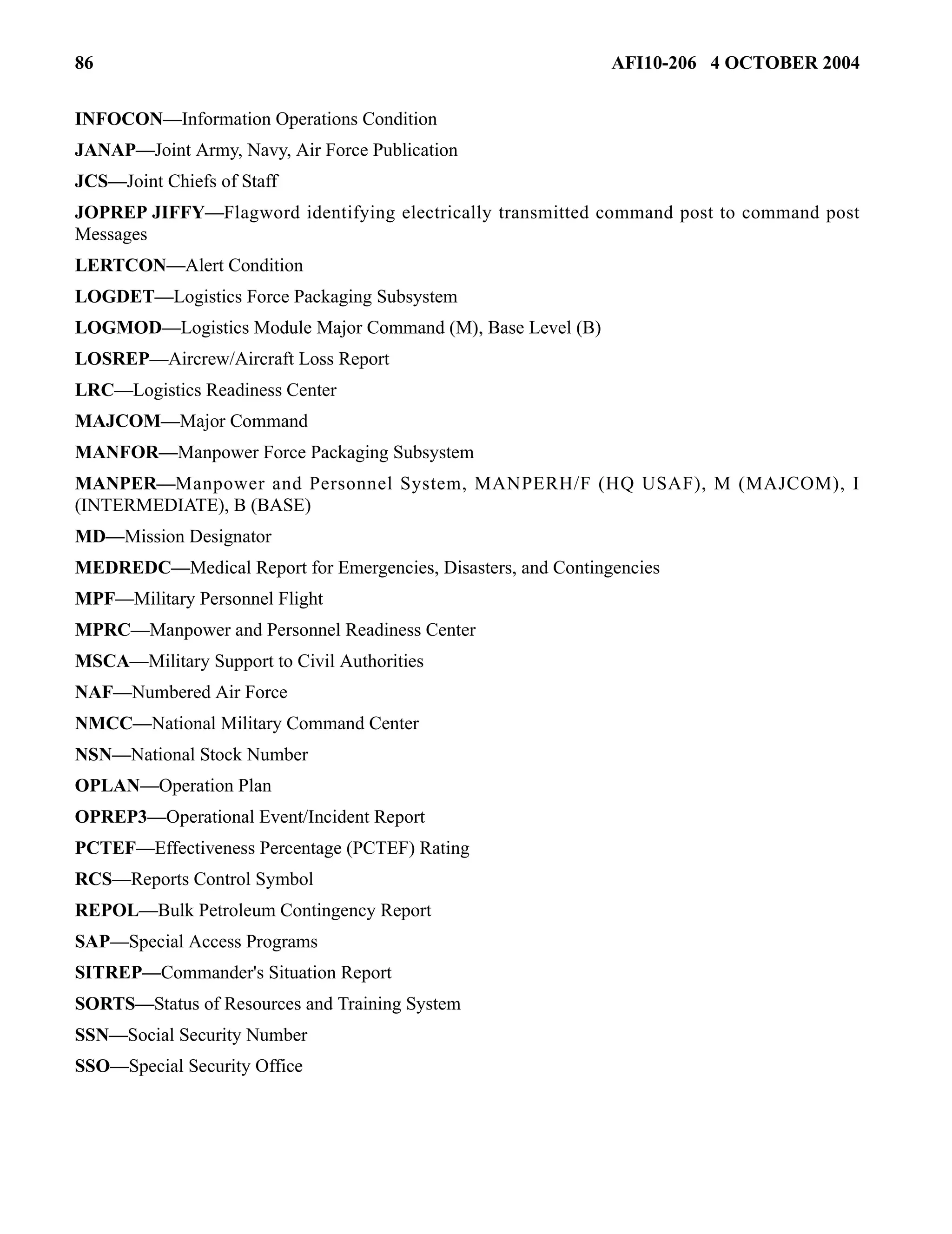 86 AFI10-206 4 OCTOBER 2004 
INFOCON—Information Operations Condition 
JANAP—Joint Army, Navy, Air Force Publication 
JCS—Joint Chiefs of Staff 
JOPREP JIFFY—Flagword identifying electrically transmitted command post to command post 
Messages 
LERTCON—Alert Condition 
LOGDET—Logistics Force Packaging Subsystem 
LOGMOD—Logistics Module Major Command (M), Base Level (B) 
LOSREP—Aircrew/Aircraft Loss Report 
LRC—Logistics Readiness Center 
MAJCOM—Major Command 
MANFOR—Manpower Force Packaging Subsystem 
MANPER—Manpower and Personnel System, MANPERH/F (HQ USAF), M (MAJCOM), I 
(INTERMEDIATE), B (BASE) 
MD—Mission Designator 
MEDREDC—Medical Report for Emergencies, Disasters, and Contingencies 
MPF—Military Personnel Flight 
MPRC—Manpower and Personnel Readiness Center 
MSCA—Military Support to Civil Authorities 
NAF—Numbered Air Force 
NMCC—National Military Command Center 
NSN—National Stock Number 
OPLAN—Operation Plan 
OPREP3—Operational Event/Incident Report 
PCTEF—Effectiveness Percentage (PCTEF) Rating 
RCS—Reports Control Symbol 
REPOL—Bulk Petroleum Contingency Report 
SAP—Special Access Programs 
SITREP—Commander's Situation Report 
SORTS—Status of Resources and Training System 
SSN—Social Security Number 
SSO—Special Security Office 
 