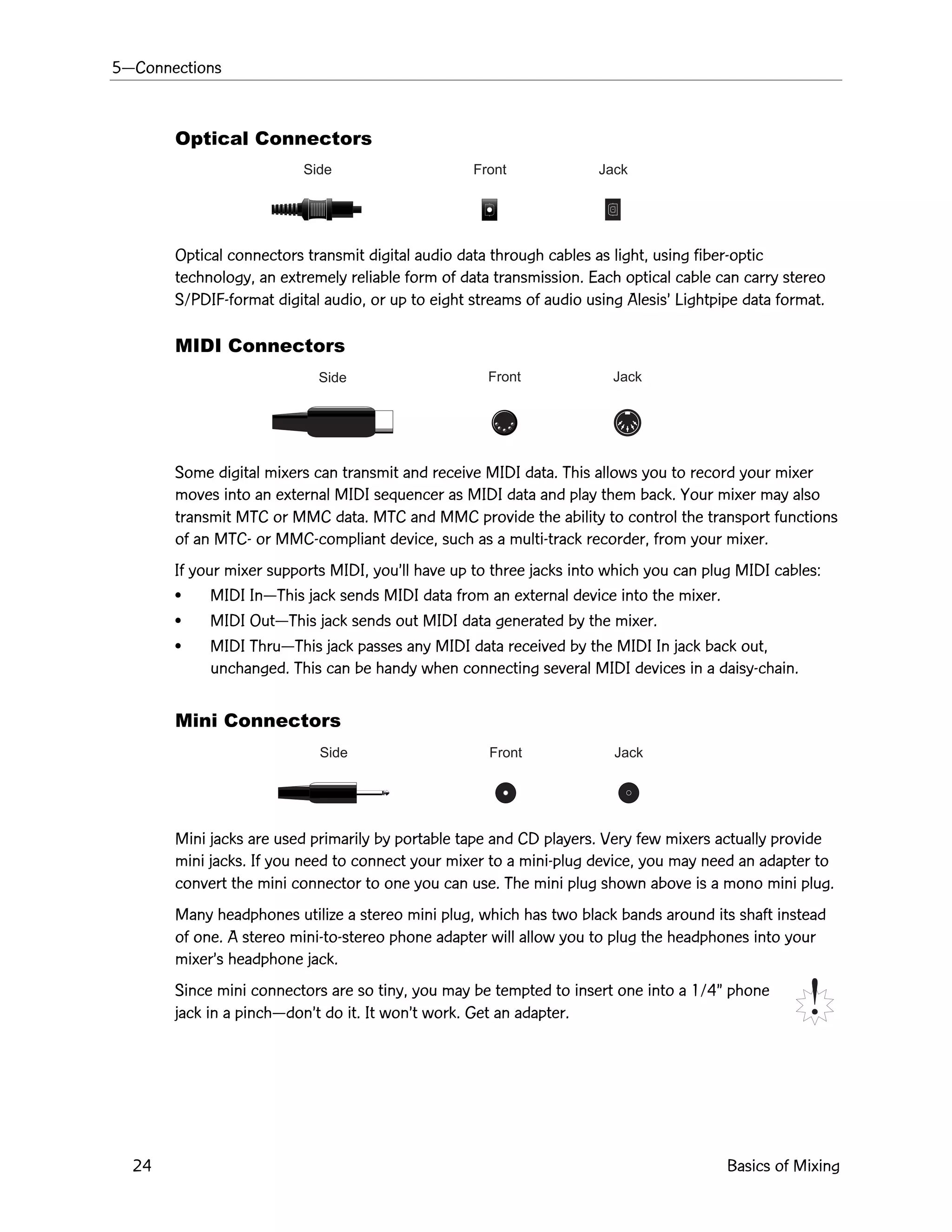 5ÑConnections
24 Basics of Mixing
Side Front Jack
Side Front Jack
Side Front Jack
Optical Connectors
Optical connectors transmit digital audio data through cables as light, using fiber-optic
technology, an extremely reliable form of data transmission. Each optical cable can carry stereo
S/PDIF-format digital audio, or up to eight streams of audio using AlesisÕ Lightpipe data format.
MIDI Connectors
Some digital mixers can transmit and receive MIDI data. This allows you to record your mixer
moves into an external MIDI sequencer as MIDI data and play them back. Your mixer may also
transmit MTC or MMC data. MTC and MMC provide the ability to control the transport functions
of an MTC- or MMC-compliant device, such as a multi-track recorder, from your mixer.
If your mixer supports MIDI, youÕll have up to three jacks into which you can plug MIDI cables:
¥ MIDI InÑThis jack sends MIDI data from an external device into the mixer.
¥ MIDI OutÑThis jack sends out MIDI data generated by the mixer.
¥ MIDI ThruÑThis jack passes any MIDI data received by the MIDI In jack back out,
unchanged. This can be handy when connecting several MIDI devices in a daisy-chain.
Mini Connectors
Mini jacks are used primarily by portable tape and CD players. Very few mixers actually provide
mini jacks. If you need to connect your mixer to a mini-plug device, you may need an adapter to
convert the mini connector to one you can use. The mini plug shown above is a mono mini plug.
Many headphones utilize a stereo mini plug, which has two black bands around its shaft instead
of one. A stereo mini-to-stereo phone adapter will allow you to plug the headphones into your
mixerÕs headphone jack.
Since mini connectors are so tiny, you may be tempted to insert one into a 1/4Ó phone
jack in a pinchÑdonÕt do it. It wonÕt work. Get an adapter.
 