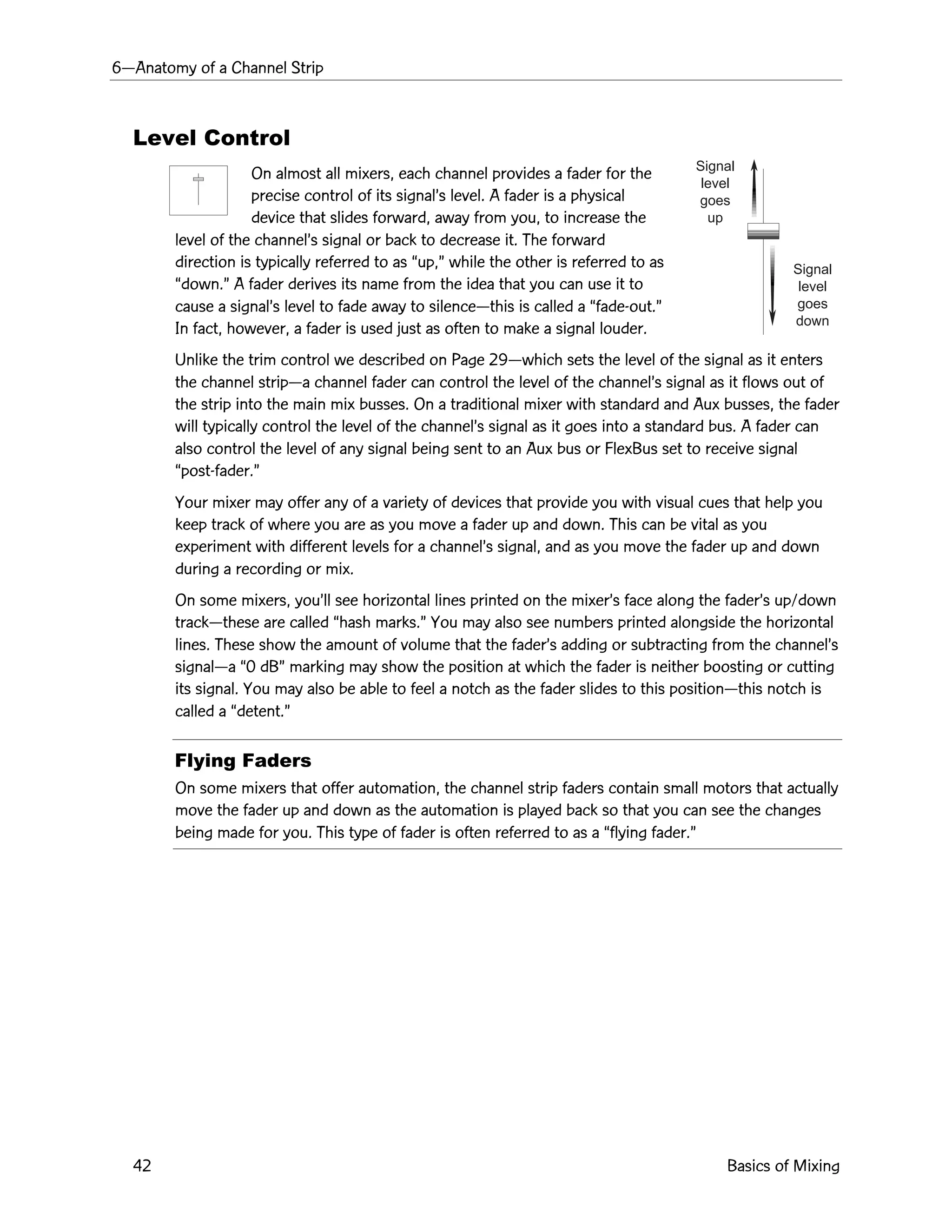 6ÑAnatomy of a Channel Strip
42 Basics of Mixing
Signal
level
goes
up
Signal
level
goes
down
Level Control
On almost all mixers, each channel provides a fader for the
precise control of its signalÕs level. A fader is a physical
device that slides forward, away from you, to increase the
level of the channelÕs signal or back to decrease it. The forward
direction is typically referred to as Òup,Ó while the other is referred to as
Òdown.Ó A fader derives its name from the idea that you can use it to
cause a signalÕs level to fade away to silenceÑthis is called a Òfade-out.Ó
In fact, however, a fader is used just as often to make a signal louder.
Unlike the trim control we described on Page 29Ñwhich sets the level of the signal as it enters
the channel stripÑa channel fader can control the level of the channelÕs signal as it flows out of
the strip into the main mix busses. On a traditional mixer with standard and Aux busses, the fader
will typically control the level of the channelÕs signal as it goes into a standard bus. A fader can
also control the level of any signal being sent to an Aux bus or FlexBus set to receive signal
Òpost-fader.Ó
Your mixer may offer any of a variety of devices that provide you with visual cues that help you
keep track of where you are as you move a fader up and down. This can be vital as you
experiment with different levels for a channelÕs signal, and as you move the fader up and down
during a recording or mix.
On some mixers, youÕll see horizontal lines printed on the mixerÕs face along the faderÕs up/down
trackÑthese are called Òhash marks.Ó You may also see numbers printed alongside the horizontal
lines. These show the amount of volume that the faderÕs adding or subtracting from the channelÕs
signalÑa Ò0 dBÓ marking may show the position at which the fader is neither boosting or cutting
its signal. You may also be able to feel a notch as the fader slides to this positionÑthis notch is
called a Òdetent.Ó
Flying Faders
On some mixers that offer automation, the channel strip faders contain small motors that actually
move the fader up and down as the automation is played back so that you can see the changes
being made for you. This type of fader is often referred to as a Òflying fader.Ó
 