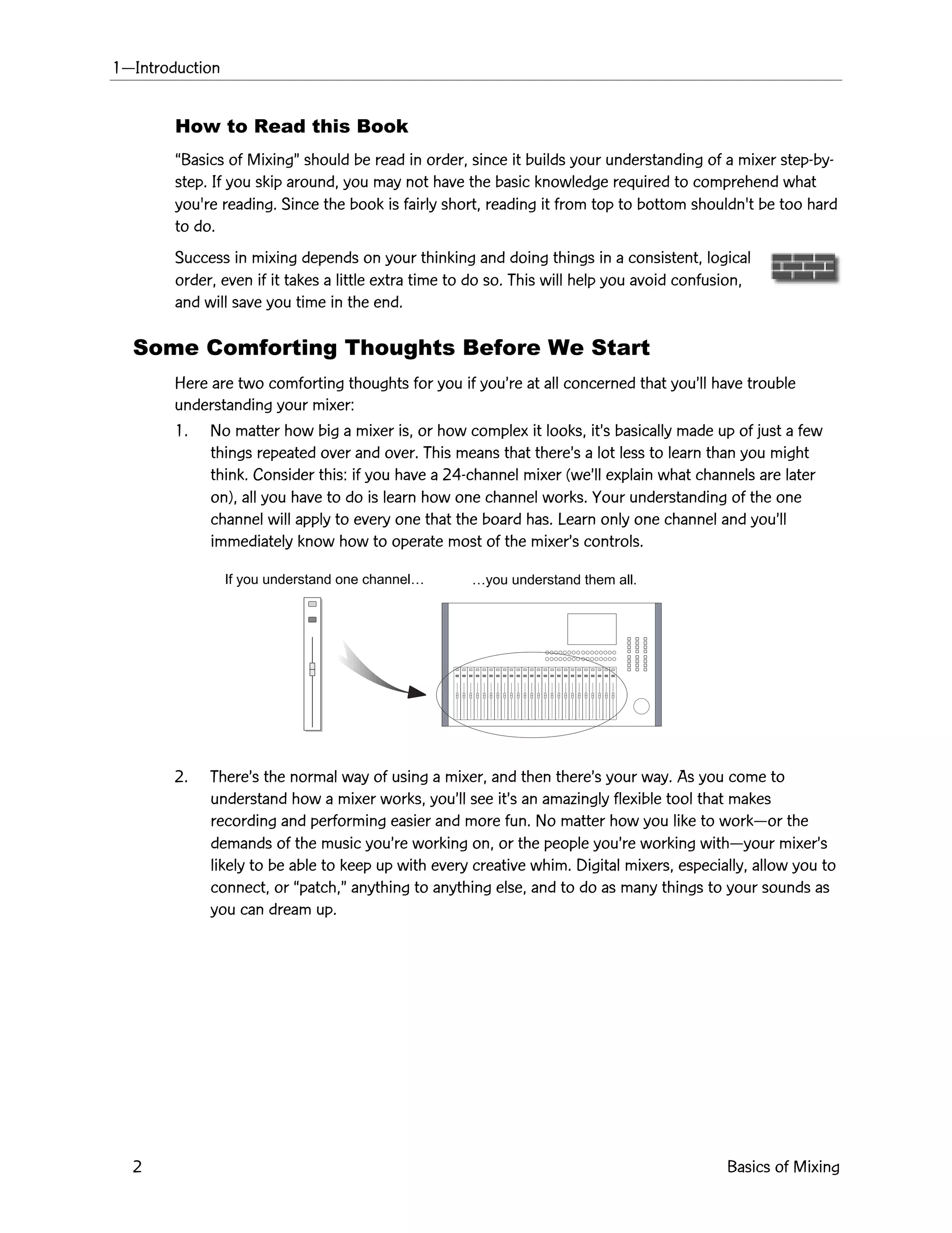 1ÑIntroduction
2 Basics of Mixing
How to Read this Book
ÒBasics of MixingÓ should be read in order, since it builds your understanding of a mixer step-by-
step. If you skip around, you may not have the basic knowledge required to comprehend what
you're reading. Since the book is fairly short, reading it from top to bottom shouldn't be too hard
to do.
Success in mixing depends on your thinking and doing things in a consistent, logical
order, even if it takes a little extra time to do so. This will help you avoid confusion,
and will save you time in the end.
Some Comforting Thoughts Before We Start
Here are two comforting thoughts for you if youÕre at all concerned that youÕll have trouble
understanding your mixer:
1. No matter how big a mixer is, or how complex it looks, itÕs basically made up of just a few
things repeated over and over. This means that thereÕs a lot less to learn than you might
think. Consider this: if you have a 24-channel mixer (weÕll explain what channels are later
on), all you have to do is learn how one channel works. Your understanding of the one
channel will apply to every one that the board has. Learn only one channel and youÕll
immediately know how to operate most of the mixerÕs controls.
2. ThereÕs the normal way of using a mixer, and then thereÕs your way. As you come to
understand how a mixer works, youÕll see itÕs an amazingly flexible tool that makes
recording and performing easier and more fun. No matter how you like to workÑor the
demands of the music youÕre working on, or the people youÕre working withÑyour mixerÕs
likely to be able to keep up with every creative whim. Digital mixers, especially, allow you to
connect, or Òpatch,Ó anything to anything else, and to do as many things to your sounds as
you can dream up.
If you understand one channelÉ Éyou understand them all.
 