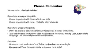 We are a class of mixed abilities!
If you have strong writing skills:
• Please be patient with those with lesser skills
• Please be patient with me as I help the other students
If you have weak writing skills:
• Don’t be afraid to ask questions! I will help you as much as time allows.
• Take the initiative to improve! Seek out additional resources: Writing Desk, tutors in the
Language Lab, online explanations and practices
Everyone:
• Be sure to read, understand and follow my feedback on your drafts
• Everyone will have the opportunity to improve their skills!
Please Remember
 