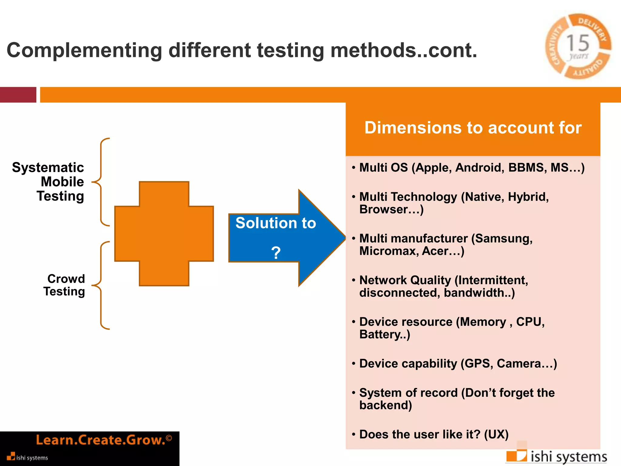 Complementing different testing methods..cont. 
Systematic 
Mobile 
Testing 
Crowd 
Testing 
Solution to 
? 
Dimensions to account for 
• Multi OS (Apple, Android, BBMS, MS…) 
• Multi Technology (Native, Hybrid, 
Browser…) 
• Multi manufacturer (Samsung, 
Micromax, Acer…) 
• Network Quality (Intermittent, 
disconnected, bandwidth..) 
• Device resource (Memory , CPU, 
Battery..) 
• Device capability (GPS, Camera…) 
• System of record (Don’t forget the 
backend) 
• Does the user like it? (UX) 
 
