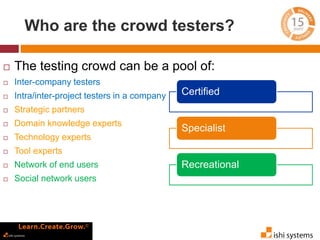Who are the crowd testers? 
 The testing crowd can be a pool of: 
 Inter-company testers 
 Intra/inter-project testers in a company 
 Strategic partners 
 Domain knowledge experts 
 Technology experts 
 Tool experts 
 Network of end users 
 Social network users 
Certified 
Specialist 
Recreational 
 