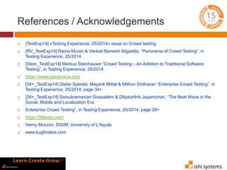 References / Acknowledgements 
 [TestExp14] «Testing Experience, 25/2014» issue on Crowd testing 
 [RV_TestExp14] Rama Murari & Venkat Ramesh Atigadda, “Panorama of Crowd Testing”, in 
Testing Experience, 25/2014 
 [Stein_TestExp14] Markus Steinhauser “Crowd Testing – An Addition to Traditional Software 
Testing”, in Testing Experience, 25/2014 
 https://www.passbrains.com 
 [34+_TestExp14] Dieter Speidel, Mayank Mittal & Mithun Sridharan “Enterprise Crowd Testing”, in 
Testing Experience, 25/2014, page 34+ 
 [28+_TestExp14] Saisubramanian Sivasailem & Dilipkarthik Jayamohan, “The Next Wave in the 
Social, Mobile and Localization Era 
 Enterprise Crowd Testing”, in Testing Experience, 25/2014, page 28+ 
 https://99tests.com/ 
 Henry Muccini, DISIM, University of L’Aquila 
 www.bugfinders.com 
