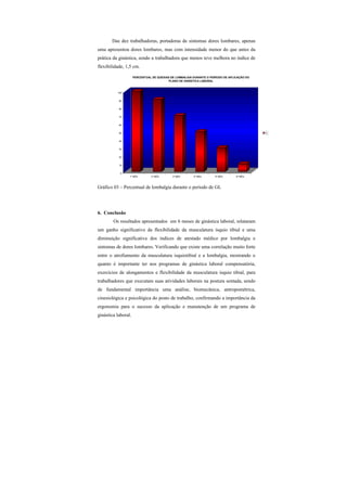 Das dez trabalhadoras, portadoras de sintomas dores lombares, apenas
uma apresentou dores lombares, mas com intensidade menor do que antes da
prática da ginástica, sendo a trabalhadora que menos teve melhora no índice de
flexibilidade, 1,5 cm.
0
10
20
30
40
50
60
70
80
90
100
1º MÊS 2º MÊS 3º MÊS 4º MÊS 5º MÊS 6º MÊS
PERCENTUAL DE QUEIXAS DE LOMBALGIA DURANTE O PERÍODO DE APLICAÇÃO DO
PLANO DE GINÁSTICA LABORAL
%
Gráfico 03 – Percentual de lombalgia durante o período de GL
6. Conclusão
Os resultados apresentados em 6 meses de ginástica laboral, relataram
um ganho significativo da flexibilidade da musculatura ísquio tibial e uma
diminuição significativa dos índices de atestado médico por lombalgia e
sintomas de dores lombares. Verificando que existe uma correlação muito forte
entre o atrofiamento da musculatura isquiotibial e a lombalgia, mostrando o
quanto é importante ter nos programas de ginástica laboral compensatória,
exercícios de alongamentos e flexibilidade da musculatura ísquio tibial, para
trabalhadores que executam suas atividades laborais na postura sentada, sendo
de fundamental importância uma análise, biomecânica, antropométrica,
cinesiológica e psicológica do posto de trabalho, confirmando a importância da
ergonomia para o sucesso da aplicação e manutenção de um programa de
ginástica laboral.
 