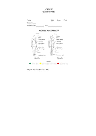 ANEXO 01
QUESTIONÁRIO
Nome:________________________dade____Sexo:____Peso_____
Estatura:____
Flexibilidade:__________ Mês:_________________
MAPA DE DESCONFORTO
Feminino Masculino
LEGENDA
= CONFORTÁVEL = LEVEMENTE DESCONFORTÁVEL = DESCONFORTÁVEL
Adaptado de Corlet e Manenica, 1980.
 