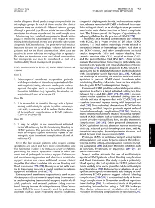 Ann Thorac Surg FERRARIS ET AL 963 
2011;91:944–82 STS BLOOD CONSERVATION REVISION 2011 
similar allogeneic blood product usage compared with the 
microplegia groups. In each of these studies, the clinical 
outcomes were not statistically different between groups, 
although a potential type II error exists because of the low 
event rates for adverse sequelae and the small sample sizes. 
Minimizing the crystalloid component of blood cardio-plegia 
is intuitively advantageous with respect to mini-mizing 
hemodilutional anemia and possible subsequent 
allogeneic RBC transfusion. The peer-reviewed medical 
literature focuses on cardioplegia volume delivered to 
patients and not on blood conservation. More data are 
required to assess whether microplegia has an apprecia-ble 
effect on transfusion rates and blood conservation, 
but microplegia use may be considered as part of a 
multimodality blood management program. 
BLOOD CONSERVATION IN ECMO AND SHORT-TERM VENTRICULAR 
SUPPORT 
Class I. 
1. Extracorporeal membrane oxygenation patients 
with heparin-induced thrombocytopenia should be 
anticoagulated using alternate nonheparin antico-agulant 
therapies such as danaparoid or direct 
thrombin inhibitors (eg, lepirudin, bivalirudin, or 
argatroban). (Level of evidence C) 
Class IIa. 
1. It is reasonable to consider therapy with a lysine 
analog antifibrinolytic agents (epsilon aminocap-roic 
acid, tranexamic acid) to reduce the incidence 
of hemorrhagic complications in ECMO patients. 
(Level of evidence B) 
Class IIb. 
1. It may be helpful to use recombinant activated 
factor VII as therapy for life-threatening bleeding in 
ECMO patients. The potential benefit of this agent 
must be weighed against numerous reports of cat-astrophic 
acute thrombotic complications. (Level of 
evidence C) 
Over the last decade patients who require cardiac 
operations are sicker and have more comorbidities and 
less functional reserve. The increased acuity of patients 
presenting for cardiac operations results in more fre-quent 
use of prolonged circulatory support. Extracorpo-real 
membrane oxygenation and short-term ventricular 
support devices can cause additional serious clinical 
sequellae that often translates into excess bleeding and 
blood transfusion [271, 272]. Hemolysis of red cells lead-ing 
to transfusion presents a special problem in patients 
supported with these devices [273]. 
Extracorporeal membrane oxygenation is used to pro-vide 
temporary (days to weeks) respiratory (venovenous) 
or cardiorespiratory (venoarterial) support, to critically ill 
adult, pediatric, and neonatal patients failing conven-tional 
therapy because of cardiopulmonary failure. Veno-venous 
ECMO is most frequently used for pulmonary 
disorders such as adult respiratory distress syndrome, 
congenital diaphragmatic hernia, and meconium aspira-tion, 
whereas venoarterial ECMO is indicated for revers-ible 
cardiogenic shock, or as a bridge to more permanent 
ventricular assist device insertion or heart transplanta-tion. 
The Extracorporeal Life Support Organization de-veloped 
guidelines for the practice of ECMO [274]. 
Thrombotic and bleeding complications are common 
with ECMO. In a recent review of 297 adult ECMO 
patients, 11% had serious neurologic events related to 
intracranial infarct or hemorrhage and19% had clots in 
the ECMO circuit, and other complications included 
cardiac tamponade (10%) and serious bleeding from 
cannula insertion sites (21%), surgical incisions (24%), 
and the gastrointestinal tract (4%) [275]. Other reports 
indicate that intracranial hemorrhage is particularly com-mon 
in ECMO patients with renal dysfunction or throm-bocytopenia 
[276]. Reports document ECMO-related co-agulopathy 
due to platelet dysfunction and hemodilution 
with consumptive factor depletion [277, 278]. Although 
the challenge of balancing the need for sufficient antico-agulation 
to prevent ECMO circuit thrombosis while 
minimizing bleeding risk exists, there are few objective 
data to guide ECMO anticoagulation therapy. 
Consensus ECMO guidelines advocate heparin antico-agulation 
to achieve a target activated clotting test time 
between 160 s and 240 s [107, 274, 279, 280]. However, 
recent studies question the activated clotting time as a 
reliable indicator of heparin effect with ECMO [281], and 
correlate increased heparin dosing with improved sur-vival 
[282]. Nonrandomized observational ECMO studies 
employing modified heparin protocols report reduced 
thrombohemorrhagic complications [283, 284]. Similarly, 
many small nonrandomized studies evaluating heparin-coated 
ECMO systems with or without heparin adminis-tration 
describe reduced blood loss, but also thrombotic 
complications [285–287]. Other proposed alterations to 
ECMO guidelines include alternate heparin monitoring 
tests (eg, activated partial thromboplastin time, anti-Xa, 
thromboelastography, heparin/protamine titration, and 
direct heparin level measurements) [282]. 
Prolonged ECMO or ventricular support using heparin 
anticoagulation can cause heparin-induced thrombocy-topenia. 
In this setting, anticoagulation regimens includ-ing 
danaparoid [288] and direct thrombin inhibitors such 
as lepirudin, bivalirudin, or argatroban [289 –291] are 
useful alternatives. 
Several studies advocate the use of antifibrinolytic 
agents in ECMO patients to limit bleeding complications 
and blood transfusion. One study reports a potentially 
blood sparing effect of aprotinin in ECMO patients but 
this is unlikely to be useful given the risk/benefit analysis 
described above [292]. Retrospective evaluations of use of 
epsilon aminocaproic or tranexamic acid therapy in post-cardiotomy 
ECMO patients suggest reduced bleeding 
complications [293–295]. A randomized study of hemor-rhagic 
complications in 29 neonates could not reproduce 
these findings [296]. A randomized study of 60 patients 
evaluating leukoreduction using a Pall LG6 leukocyte 
filter during extracorporeal circulation also found no 
reduction in bleeding complications or transfusion [297]. 
SPECIAL REPORT 
 
