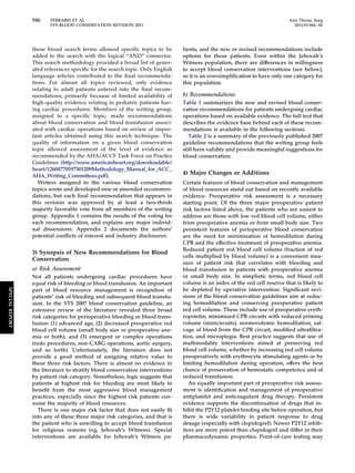 946 FERRARIS ET AL Ann Thorac Surg 
STS BLOOD CONSERVATION REVISION 2011 2011;91:944–82 
these broad search terms allowed specific topics to be 
added to the search with the logical “AND” connector. 
This search methodology provided a broad list of gener-ated 
references specific for the search topic. Only English 
language articles contributed to the final recommenda-tions. 
For almost all topics reviewed, only evidence 
relating to adult patients entered into the final recom-mendations, 
primarily because of limited availability of 
high-quality evidence relating to pediatric patients hav-ing 
cardiac procedures. Members of the writing group, 
assigned to a specific topic, made recommendations 
about blood conservation and blood transfusion associ-ated 
with cardiac operations based on review of impor-tant 
articles obtained using this search technique. The 
quality of information on a given blood conservation 
topic allowed assessment of the level of evidence as 
recommended by the AHA/ACCF Task Force on Practice 
Guidelines (http://www.americanheart.org/downloadable/ 
heart/12604770597301209Methodology_Manual_for_ACC_ 
AHA_Writing_Committees.pdf). 
Writers assigned to the various blood conservation 
topics wrote and developed new or amended recommen-dations, 
but each final recommendation that appears in 
this revision was approved by at least a two-thirds 
majority favorable vote from all members of the writing 
group. Appendix 1 contains the results of the voting for 
each recommendation, and explains any major individ-ual 
dissensions. Appendix 2 documents the authors’ 
potential conflicts of interest and industry disclosures. 
3) Synopsis of New Recommendations for Blood 
Conservation 
a) Risk Assessment 
Not all patients undergoing cardiac procedures have 
equal risk of bleeding or blood transfusion. An important 
part of blood resource management is recognition of 
patients’ risk of bleeding and subsequent blood transfu-sion. 
In the STS 2007 blood conservation guideline, an 
extensive review of the literature revealed three broad 
risk categories for perioperative bleeding or blood trans-fusion: 
(1) advanced age, (2) decreased preoperative red 
blood cell volume (small body size or preoperative ane-mia 
or both), and (3) emergent or complex operations 
(redo procedures, non-CABG operations, aortic surgery, 
and so forth). Unfortunately, the literature does not 
provide a good method of assigning relative value to 
these three risk factors. There is almost no evidence in 
the literature to stratify blood conservation interventions 
by patient risk category. Nonetheless, logic suggests that 
patients at highest risk for bleeding are most likely to 
benefit from the most aggressive blood management 
practices, especially since the highest risk patients con-sume 
the majority of blood resources. 
There is one major risk factor that does not easily fit 
into any of these three major risk categories, and that is 
the patient who is unwilling to accept blood transfusion 
for religious reasons (eg, Jehovah’s Witness). Special 
interventions are available for Jehovah’s Witness pa-tients, 
and the new or revised recommendations include 
options for these patients. Even within the Jehovah’s 
Witness population, there are differences in willingness 
to accept blood conservation interventions (see below), 
so it is an oversimplification to have only one category for 
this population. 
b) Recommendations 
Table 1 summarizes the new and revised blood conser-vation 
recommendations for patients undergoing cardiac 
operations based on available evidence. The full text that 
describes the evidence base behind each of these recom-mendations 
is available in the following sections. 
Table 2 is a summary of the previously published 2007 
guideline recommendations that the writing group feels 
still have validity and provide meaningful suggestions for 
blood conservation. 
4) Major Changes or Additions 
Certain features of blood conservation and management 
of blood resources stand out based on recently available 
evidence. Preoperative risk assessment is a necessary 
starting point. Of the three major preoperative patient 
risk factors listed above, the patients who are easiest to 
address are those with low red blood cell volume, either 
from preoperative anemia or from small body size. Two 
persistent features of perioperative blood conservation 
are the need for minimization of hemodilution during 
CPB and the effective treatment of preoperative anemia. 
Reduced patient red blood cell volume (fraction of red 
cells multiplied by blood volume) is a convenient mea-sure 
of patient risk that correlates with bleeding and 
blood transfusion in patients with preoperative anemia 
or small body size. In simplistic terms, red blood cell 
volume is an index of the red cell reserve that is likely to 
be depleted by operative intervention. Significant revi-sions 
of the blood conservation guidelines aim at reduc-ing 
hemodilution and conserving preoperative patient 
red cell volume. These include use of preoperative eryth-ropoietin, 
minimized CPB circuits with reduced priming 
volume (minicircuits), normovolemic hemodilution, sal-vage 
of blood from the CPB circuit, modified ultrafiltra-tion, 
and microplegia. Best practice suggests that use of 
multimodality interventions aimed at preserving red 
blood cell volume, whether by increasing red cell volume 
preoperatively with erythrocyte stimulating agents or by 
limiting hemodilution during operation, offers the best 
chance of preservation of hemostatic competence and of 
reduced transfusion. 
An equally important part of preoperative risk assess-ment 
is identification and management of preoperative 
antiplatelet and anticoagulant drug therapy. Persistent 
evidence supports the discontinuation of drugs that in-hibit 
the P2Y12 platelet binding site before operation, but 
there is wide variability in patient response to drug 
dosage (especially with clopidogrel). Newer P2Y12 inhib-itors 
are more potent than clopidogrel and differ in their 
pharmacodynamic properties. Point-of-care testing may 
SPECIAL REPORT 
 
