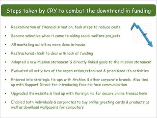 Steps taken by CRY to combat the downtrend in funding


•   Reexamination of financial situation, took steps to reduce costs

•   Became selective when it came to aiding social welfare projects

•   All marketing activities were done in-house

•   Restructured itself to deal with lack of funding

•   Adapted a new mission statement & directly linked goals to the mission statement

•   Evaluated all activities of the organization,refocused & prioritized it’s activities

•   Entered into strategic tie-ups with Archies & other corporate brands. Also tied
    up with Support Direct for introducing face-to-face communication

•   Upgraded it’s website & tied up with Verisign mc for secure online transactions

•   Enabled both individuals & corporates to buy online greeting cards & products as
    well as download wallpapers for computers
 