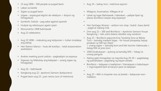 • 23 aug 1896 – 500 people sa pugad lawin
• Laban sa kastila
• Sigaw sa pugad lawin
• (sigaw – espanypol elgrito de rebelyon = disiyon ng
himagsikan)
• Symbolic Cedula – pag aalsa against spanish
• Hudyat ng rebolusyon agaist spain
• Monumento 1908 balintawak
• Aug 23 celebration
• Aug 19 1896 – mabuking ang katipunan = hulian sinalakay
ang bahay
• Hen Ramon blanco – hues de kutsilyo – total assassination
anahilation
• Andres meeting punit cedula – pagkaalipin sa espanya
• Sigawan ng Mabuhay ang kalayaan – unang sigaw ng
himagsikan
• Aug 26 – balintawak
• Kangkong aug 22 ; apolonio Samson (katipunero)
• Pugad lawin aug 23 ; juan ramos (son of melchora)
• Aug 24 – bahay toro ; melchora aquino
• Milagros, Incarnation, Villegas et al
• Lahat ng lugar Balintawak / kalookan – palipat lipat ng
places bonifacio iwasan ang espanyol
•
• Hen Santiago Alvarez – ambon non stop ; bukid ; basa damit
; pagal at walang imik
• 2mn aug 22 – 300 and Bonifacio – Apolonio Samson house
Kangkong = itak sulira balara rebolber ang nandoon
• Aug 23 – Bonifacio papunta kina Tandang Sora sa Bahay
Toro – kamalig madami bigas - for house pinapatay hayop
pinakain sa 500 tao (fiest)
= unang sigaw = kamalig boni and kkk hacinto Valenzuela =
itatag KKK at pres boni
• 1000 kinabukasan – pulong sa kamalig KKK – itatag na
unang pangulo
• Hating gabi himagsikan sa maynila Aug 29-30 = pagtatatag
ng pamahalaan ; pagsilang ng bayan estado
• Bonifacio – kalayaan o kaalipinan / Kamatayan o kabuhayan
= mga kapatid baril at kanyon para sa kalayaan
•
• Aug 25 – KKK vs tinyente ross sa banlat – katipunan won -
malabon
 