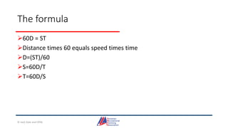 The formula
60D = ST
Distance times 60 equals speed times time
D=(ST)/60
S=60D/T
T=60D/S
© Jack Dale and CRYA
 