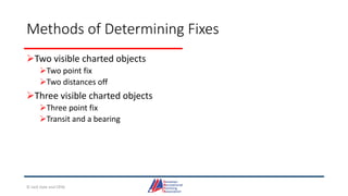 Methods of Determining Fixes
Two visible charted objects
Two point fix
Two distances off
Three visible charted objects
Three point fix
Transit and a bearing
© Jack Dale and CRYA
 