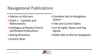 Navigational Publications
Notices to Mariners
Chart 1 - Symbols and
Abbreviations
Catalogue of Nautical Charts
and Related Publications
Sailing Directions
Current Atlas
Canadian Aids to Navigation
System
Tide and Current Tables
List of Lights, Buoys and Fog
Signals
Radio Aids to Marine Navigation
© Jack Dale and CRYA
 