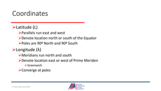 Coordinates
Latitude (L)
Parallels run east and west
Denote location north or south of the Equator
Poles are 90º North and 90º South
Longitude (λ)
Meridians run north and south
Denote location east or west of Prime Meriden
Greenwich
Converge at poles
© Jack Dale and CRYA
 