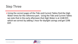 Step Three
Using the correct pages of the Tide and Current Tables find the High
Water times for the reference port. Using the Tide and Current Tables
we note that in the early afternoon that High Water is at 1148 EST,
which we correct by adding 1 hour for daylight savings and get 1248
EDT.
© Jack Dale and CRYA
 