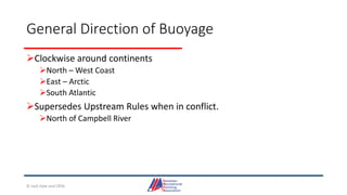 General Direction of Buoyage
Clockwise around continents
North – West Coast
East – Arctic
South Atlantic
Supersedes Upstream Rules when in conflict.
North of Campbell River
© Jack Dale and CRYA
 