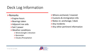 Deck Log Information
Remarks
Engine hours
Bearings taken
Adjacent nav aids
Sail / power
Weather conditions
Wind strength / direction
Barometer
Clouds /Precipitation
Where anchored / moored
Customs & immigration info
Notes re: anchorage / dock
Any incidents
Any other pertinent information
© Jack Dale and CRYA
 