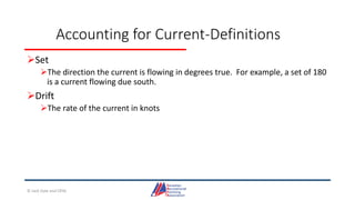 Accounting for Current-Definitions
Set
The direction the current is flowing in degrees true. For example, a set of 180
is a current flowing due south.
Drift
The rate of the current in knots
© Jack Dale and CRYA
 