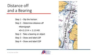 Distance off
and a Bearing
Step 1 – Dip the horizon
Step 2 – Determine distance off
•Nomograph
•D=2.12H + 2.12HO
Step 2 - Take a bearing on object
Step 3 – Draw and label LOP
Step 4 – Draw and label COP
© Jack Dale and CRYA
 