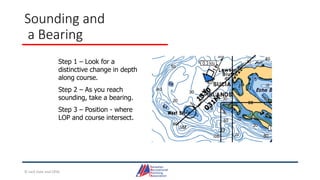 Sounding and
a Bearing
Step 1 – Look for a
distinctive change in depth
along course.
Step 2 – As you reach
sounding, take a bearing.
Step 3 – Position - where
LOP and course intersect.
© Jack Dale and CRYA
 