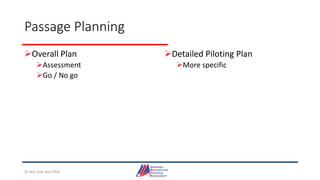 Passage Planning
Overall Plan
Assessment
Go / No go
Detailed Piloting Plan
More specific
© Jack Dale and CRYA
 