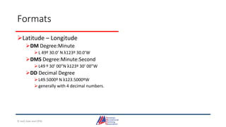 Formats
Latitude – Longitude
DM Degree:Minute
L 49º 30.0’ N λ123º 30.0’W
DMS Degree:Minute:Second
L49 º 30’ 00”N λ123º 30’ 00”W
DD Decimal Degree
L49.5000º N λ123.5000ºW
generally with 4 decimal numbers.
© Jack Dale and CRYA
 