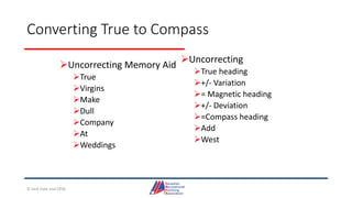 Converting True to Compass
Uncorrecting Memory Aid
True
Virgins
Make
Dull
Company
At
Weddings
Uncorrecting
True heading
+/- Variation
= Magnetic heading
+/- Deviation
=Compass heading
Add
West
© Jack Dale and CRYA
 