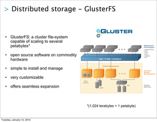 > Distributed storage - GlusterFS


   • GlusterFS: a cluster file-system
     capable of scaling to several
     petabytes*

   • open source software on commodity
     hardware

   • simple to install and manage

   • very customizable

   • offers seamless expansion



                                         *(1,024 terabytes = 1 petabyte)


Tuesday, January 12, 2010
 