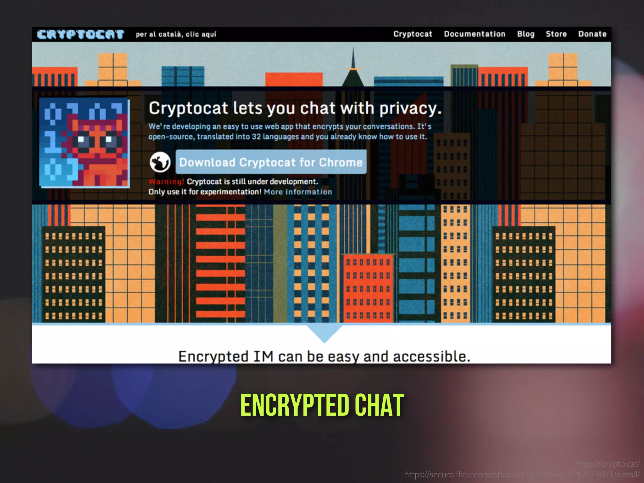 https://crypto.cat/
https://secure.ﬂickr.com/photos/pagedooley/3742023871/sizes/l/
encrypted chat
 