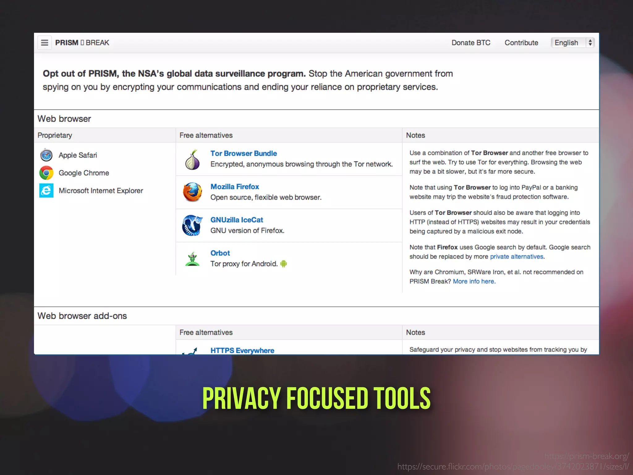 https://prism-break.org/
https://secure.ﬂickr.com/photos/pagedooley/3742023871/sizes/l/
PrivacY focused Tools
 