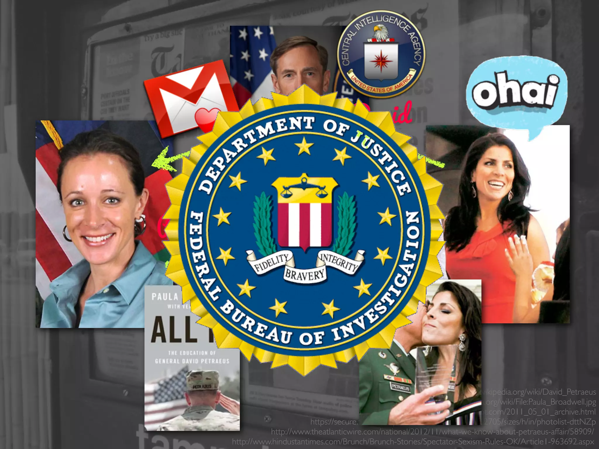 Paula
David
Jill
https://en.wikipedia.org/wiki/David_Petraeus
https://en.wikipedia.org/wiki/File:Paula_Broadwell.jpg
http://militaryinsignia.blogspot.com/2011_05_01_archive.html
https://secure.ﬂickr.com/photos/dno1967b/8187252705/sizes/h/in/photolist-dttNZp
http://www.theatlanticwire.com/national/2012/11/what-we-know-about-petraeus-affair/58909/
http://www.hindustantimes.com/Brunch/Brunch-Stories/Spectator-Sexism-Rules-OK/Article1-963692.aspx
 