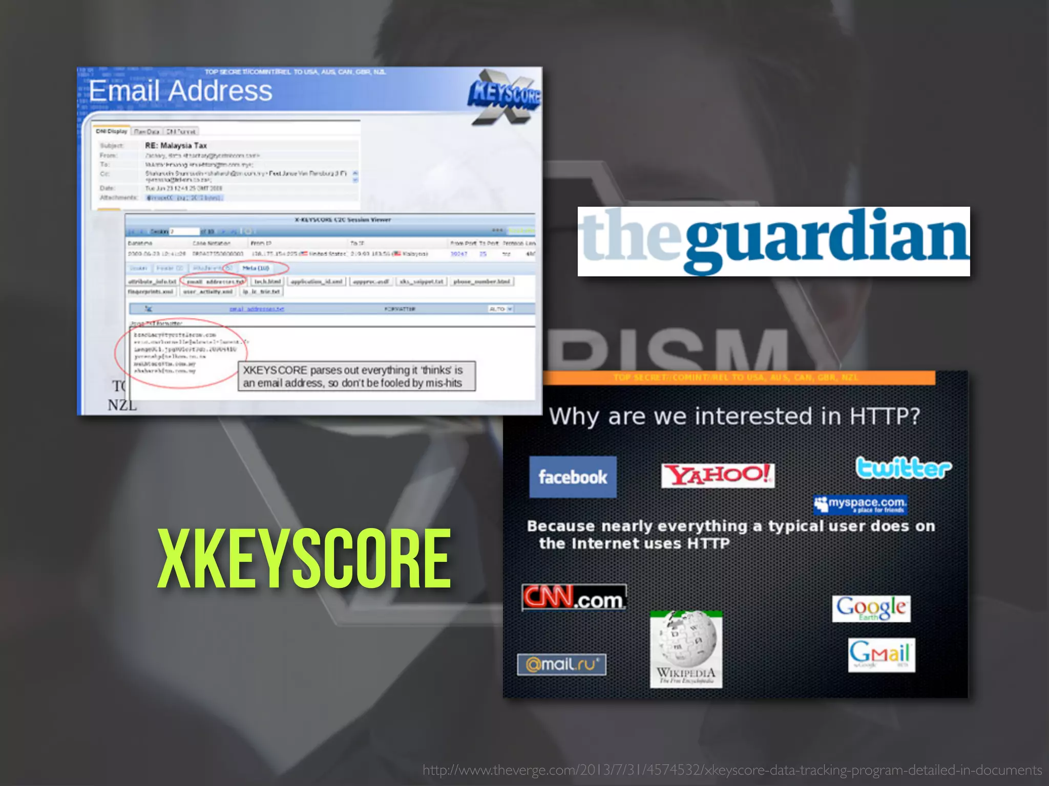 http://www.theverge.com/2013/7/31/4574532/xkeyscore-data-tracking-program-detailed-in-documents
XKeyscore
 