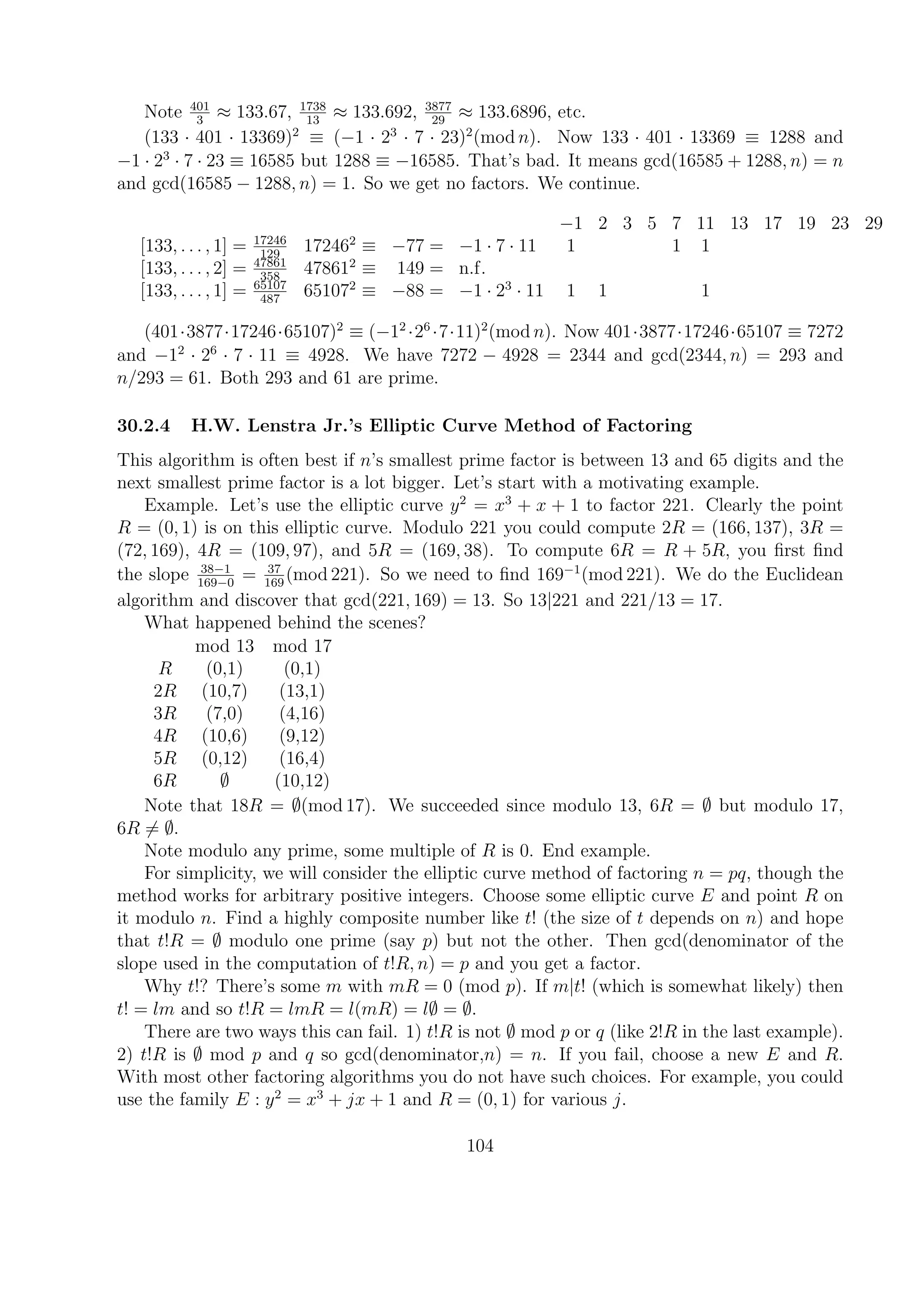 Note 401
3
≈ 133.67, 1738
13
≈ 133.692, 3877
29
≈ 133.6896, etc.
(133 · 401 · 13369)2
≡ (−1 · 23
· 7 · 23)2
(mod n). Now 133 · 401 · 13369 ≡ 1288 and
−1 · 23
· 7 · 23 ≡ 16585 but 1288 ≡ −16585. That’s bad. It means gcd(16585 + 1288, n) = n
and gcd(16585 − 1288, n) = 1. So we get no factors. We continue.
−1 2 3 5 7 11 13 17 19 23 29
[133, . . . , 1] = 17246
129
172462
≡ −77 = −1 · 7 · 11 1 1 1
[133, . . . , 2] = 47861
358
478612
≡ 149 = n.f.
[133, . . . , 1] = 65107
487
651072
≡ −88 = −1 · 23
· 11 1 1 1
(401·3877·17246·65107)2
≡ (−12
·26
·7·11)2
(mod n). Now 401·3877·17246·65107 ≡ 7272
and −12
· 26
· 7 · 11 ≡ 4928. We have 7272 − 4928 = 2344 and gcd(2344, n) = 293 and
n/293 = 61. Both 293 and 61 are prime.
30.2.4 H.W. Lenstra Jr.’s Elliptic Curve Method of Factoring
This algorithm is often best if n’s smallest prime factor is between 13 and 65 digits and the
next smallest prime factor is a lot bigger. Let’s start with a motivating example.
Example. Let’s use the elliptic curve y2
= x3
+ x + 1 to factor 221. Clearly the point
R = (0, 1) is on this elliptic curve. Modulo 221 you could compute 2R = (166, 137), 3R =
(72, 169), 4R = (109, 97), and 5R = (169, 38). To compute 6R = R + 5R, you ﬁrst ﬁnd
the slope 38−1
169−0
= 37
169
(mod 221). So we need to ﬁnd 169−1
(mod 221). We do the Euclidean
algorithm and discover that gcd(221, 169) = 13. So 13|221 and 221/13 = 17.
What happened behind the scenes?
mod 13 mod 17
R (0,1) (0,1)
2R (10,7) (13,1)
3R (7,0) (4,16)
4R (10,6) (9,12)
5R (0,12) (16,4)
6R ∅ (10,12)
Note that 18R = ∅(mod 17). We succeeded since modulo 13, 6R = ∅ but modulo 17,
6R = ∅.
Note modulo any prime, some multiple of R is 0. End example.
For simplicity, we will consider the elliptic curve method of factoring n = pq, though the
method works for arbitrary positive integers. Choose some elliptic curve E and point R on
it modulo n. Find a highly composite number like t! (the size of t depends on n) and hope
that t!R = ∅ modulo one prime (say p) but not the other. Then gcd(denominator of the
slope used in the computation of t!R, n) = p and you get a factor.
Why t!? There’s some m with mR = 0 (mod p). If m|t! (which is somewhat likely) then
t! = lm and so t!R = lmR = l(mR) = l∅ = ∅.
There are two ways this can fail. 1) t!R is not ∅ mod p or q (like 2!R in the last example).
2) t!R is ∅ mod p and q so gcd(denominator,n) = n. If you fail, choose a new E and R.
With most other factoring algorithms you do not have such choices. For example, you could
use the family E : y2
= x3
+ jx + 1 and R = (0, 1) for various j.
104
 