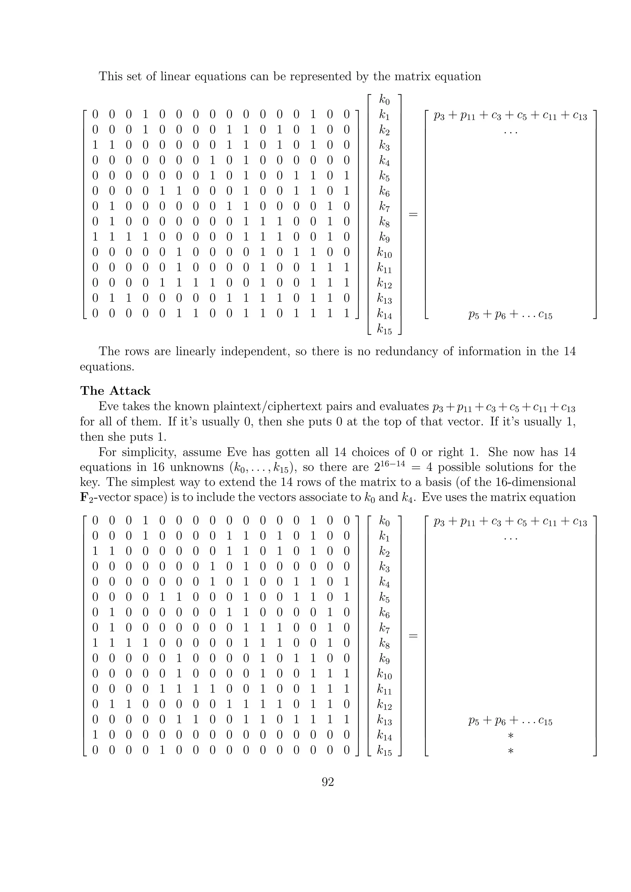 This set of linear equations can be represented by the matrix equation





























0 0 0 1 0 0 0 0 0 0 0 0 0 1 0 0
0 0 0 1 0 0 0 0 1 1 0 1 0 1 0 0
1 1 0 0 0 0 0 0 1 1 0 1 0 1 0 0
0 0 0 0 0 0 0 1 0 1 0 0 0 0 0 0
0 0 0 0 0 0 0 1 0 1 0 0 1 1 0 1
0 0 0 0 1 1 0 0 0 1 0 0 1 1 0 1
0 1 0 0 0 0 0 0 1 1 0 0 0 0 1 0
0 1 0 0 0 0 0 0 0 1 1 1 0 0 1 0
1 1 1 1 0 0 0 0 0 1 1 1 0 0 1 0
0 0 0 0 0 1 0 0 0 0 1 0 1 1 0 0
0 0 0 0 0 1 0 0 0 0 1 0 0 1 1 1
0 0 0 0 1 1 1 1 0 0 1 0 0 1 1 1
0 1 1 0 0 0 0 0 1 1 1 1 0 1 1 0
0 0 0 0 0 1 1 0 0 1 1 0 1 1 1 1































































k0
k1
k2
k3
k4
k5
k6
k7
k8
k9
k10
k11
k12
k13
k14
k15


































=





























p3 + p11 + c3 + c5 + c11 + c13
. . .
p5 + p6 + . . . c15





























The rows are linearly independent, so there is no redundancy of information in the 14
equations.
The Attack
Eve takes the known plaintext/ciphertext pairs and evaluates p3 +p11 +c3 +c5 +c11 +c13
for all of them. If it’s usually 0, then she puts 0 at the top of that vector. If it’s usually 1,
then she puts 1.
For simplicity, assume Eve has gotten all 14 choices of 0 or right 1. She now has 14
equations in 16 unknowns (k0, . . . , k15), so there are 216−14
= 4 possible solutions for the
key. The simplest way to extend the 14 rows of the matrix to a basis (of the 16-dimensional
F2-vector space) is to include the vectors associate to k0 and k4. Eve uses the matrix equation


































0 0 0 1 0 0 0 0 0 0 0 0 0 1 0 0
0 0 0 1 0 0 0 0 1 1 0 1 0 1 0 0
1 1 0 0 0 0 0 0 1 1 0 1 0 1 0 0
0 0 0 0 0 0 0 1 0 1 0 0 0 0 0 0
0 0 0 0 0 0 0 1 0 1 0 0 1 1 0 1
0 0 0 0 1 1 0 0 0 1 0 0 1 1 0 1
0 1 0 0 0 0 0 0 1 1 0 0 0 0 1 0
0 1 0 0 0 0 0 0 0 1 1 1 0 0 1 0
1 1 1 1 0 0 0 0 0 1 1 1 0 0 1 0
0 0 0 0 0 1 0 0 0 0 1 0 1 1 0 0
0 0 0 0 0 1 0 0 0 0 1 0 0 1 1 1
0 0 0 0 1 1 1 1 0 0 1 0 0 1 1 1
0 1 1 0 0 0 0 0 1 1 1 1 0 1 1 0
0 0 0 0 0 1 1 0 0 1 1 0 1 1 1 1
1 0 0 0 0 0 0 0 0 0 0 0 0 0 0 0
0 0 0 0 1 0 0 0 0 0 0 0 0 0 0 0




































































k0
k1
k2
k3
k4
k5
k6
k7
k8
k9
k10
k11
k12
k13
k14
k15


































=


































p3 + p11 + c3 + c5 + c11 + c13
. . .
p5 + p6 + . . . c15
∗
∗


































92
 