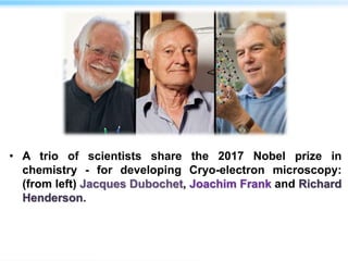 • A trio of scientists share the 2017 Nobel prize in
chemistry - for developing Cryo-electron microscopy:
(from left) Jacques Dubochet, Joachim Frank and Richard
Henderson.
 