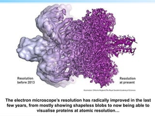 The electron microscope’s resolution has radically improved in the last
few years, from mostly showing shapeless blobs to now being able to
visualise proteins at atomic resolution…
 